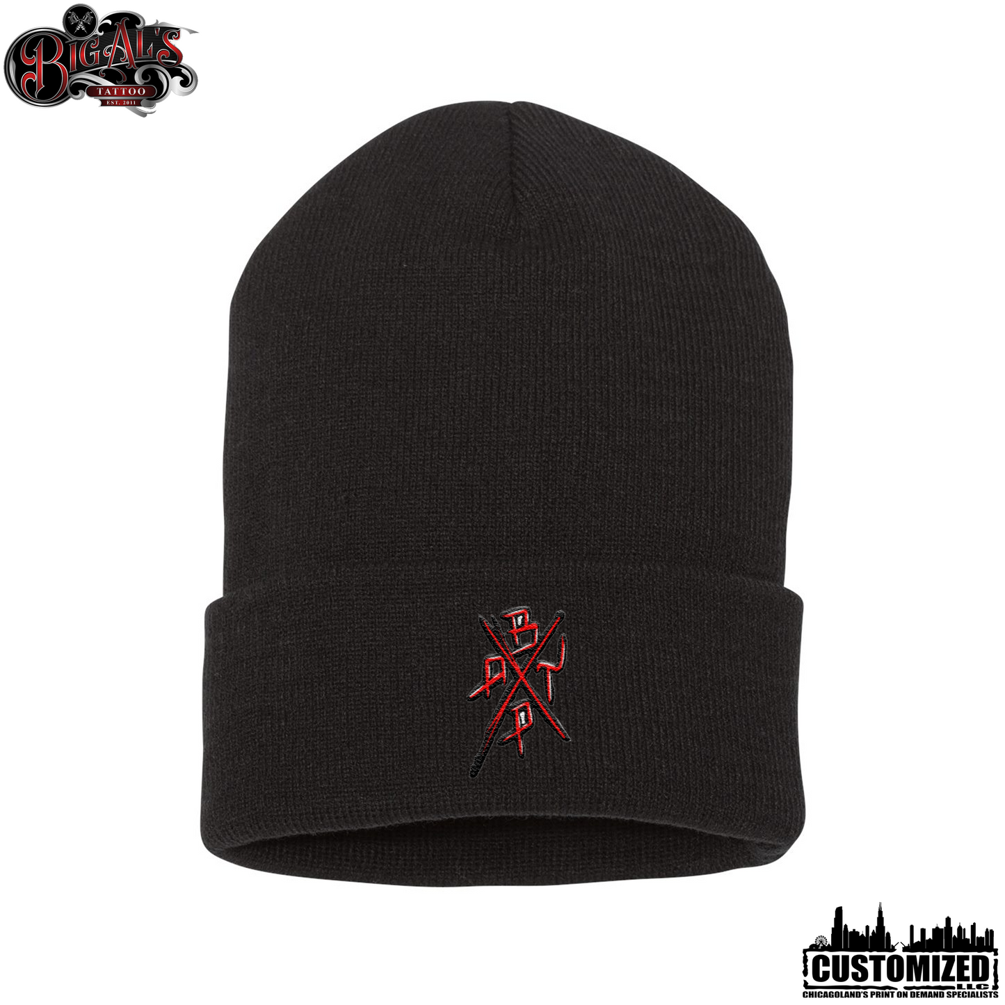 Big Al's Tattoo Embroidered 12" Cuffed "No Cry Babies" Beanie - Black