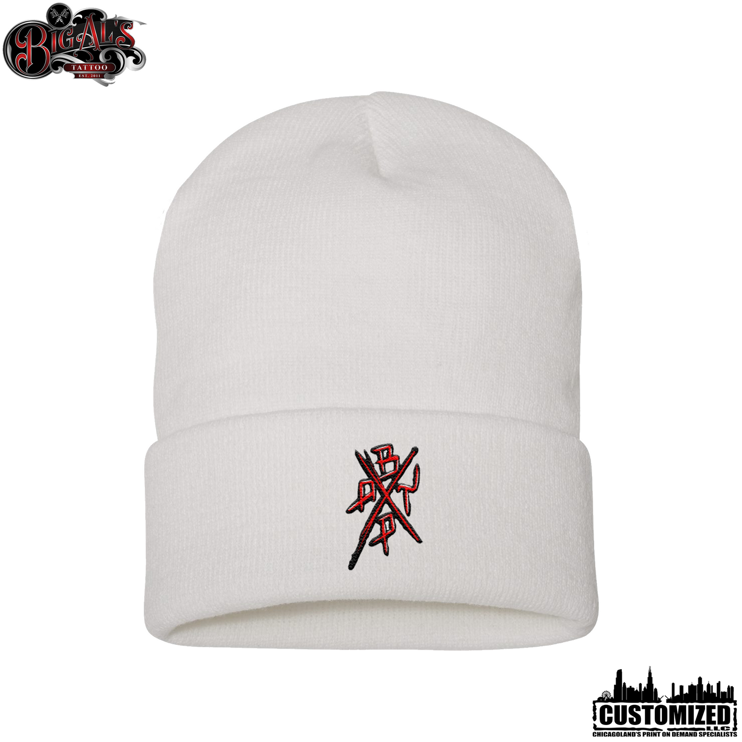 Big Al's Tattoo Embroidered 12" Cuffed "No Cry Babies" Beanie - White