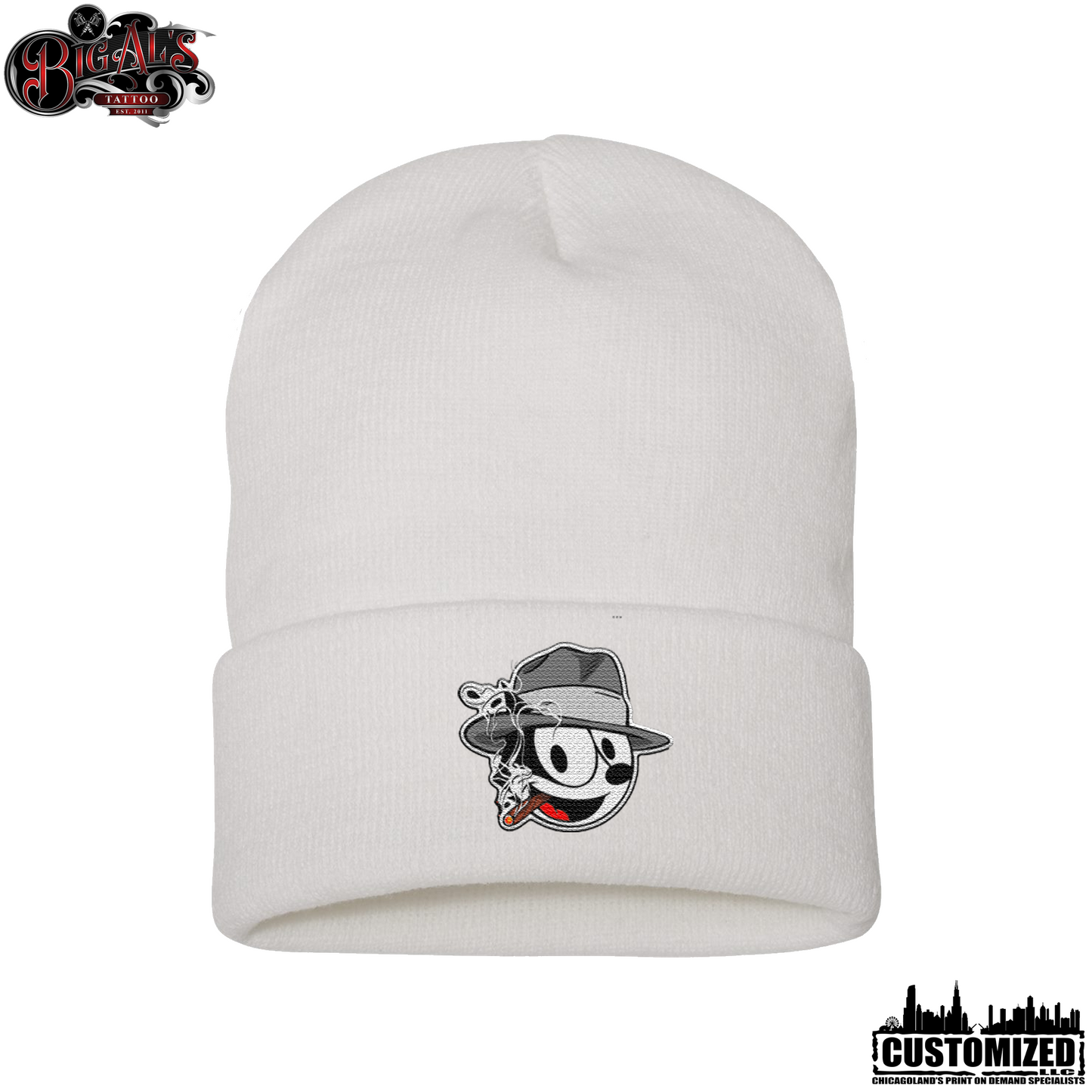 Big Al's Tattoo Embroidered 12" Cuffed "Neek" Beanie - White