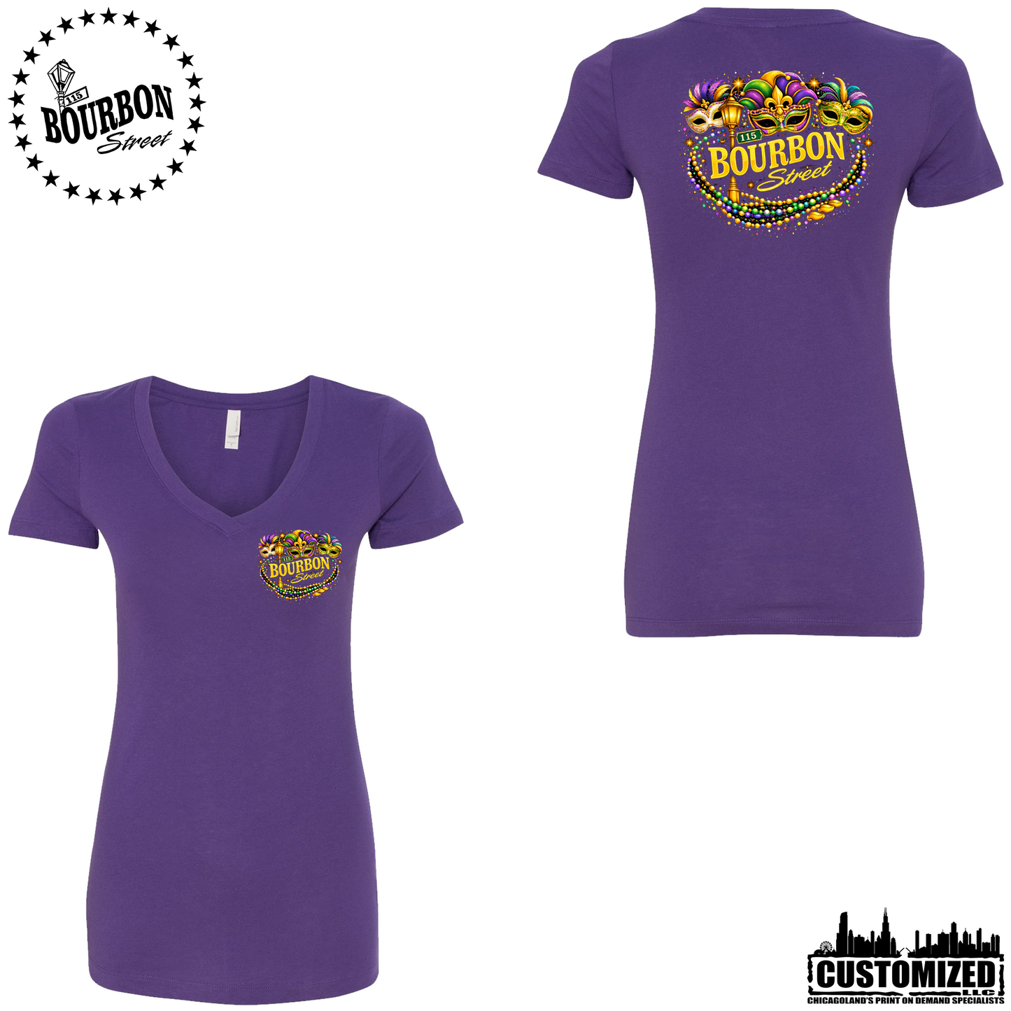 115 Bourbon Street Women's Mardi Gras V-Neck Short Sleeve - Purple