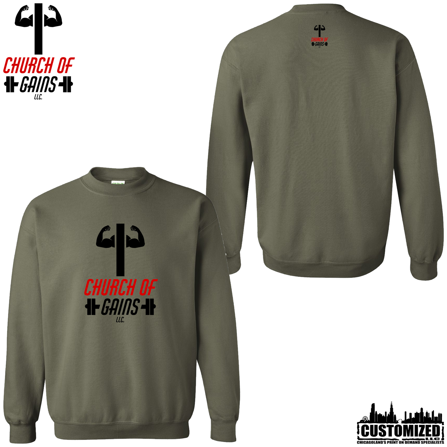 Church of Gains "OG" Style2 Crewneck Sweatshirt - Military Green (5 Print Options)
