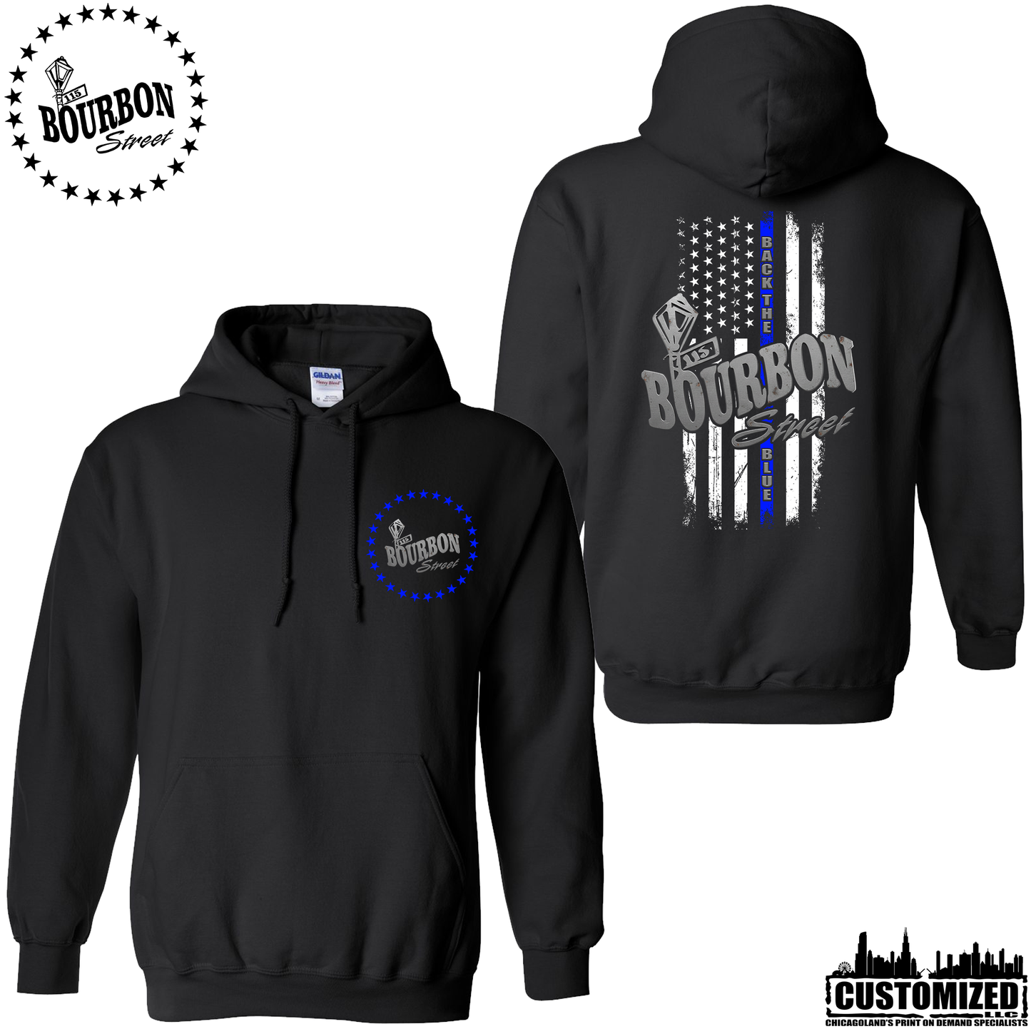115 Bourbon Street Thin Blue Line Unisex Hooded Sweatshirt - Black