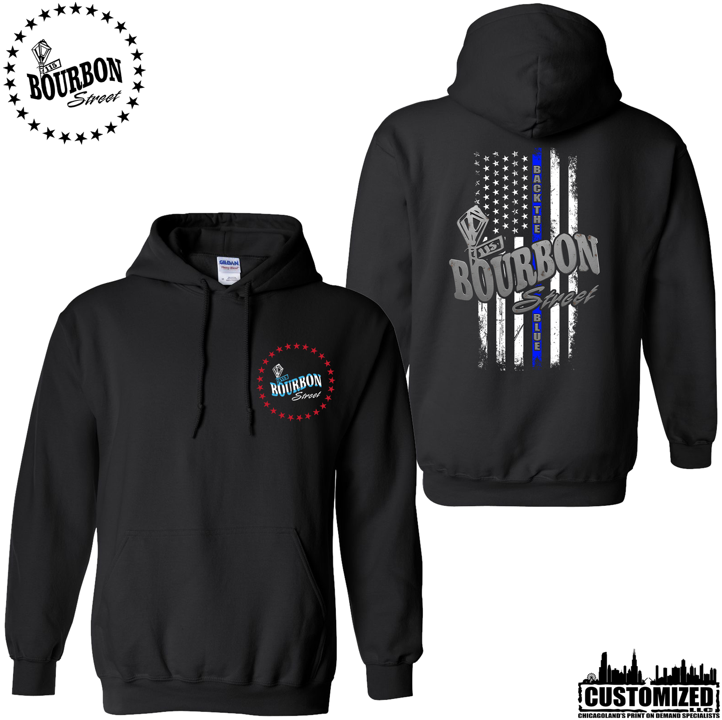 115 Bourbon Street Chicago Edition Thin Blue Line Unisex Hooded Sweatshirt - Black