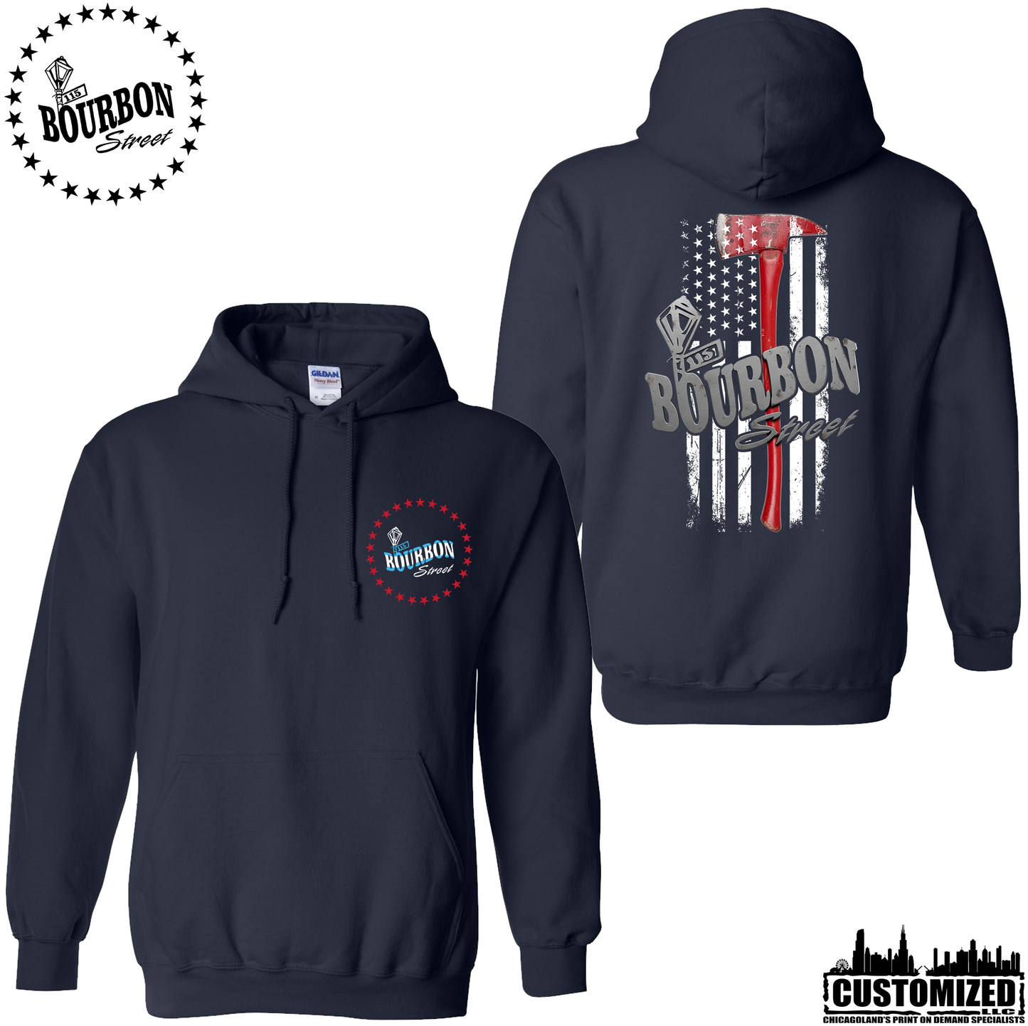 115 Bourbon Street Chicago Edition Thin Red Line Unisex Hooded Sweatshirt - Navy