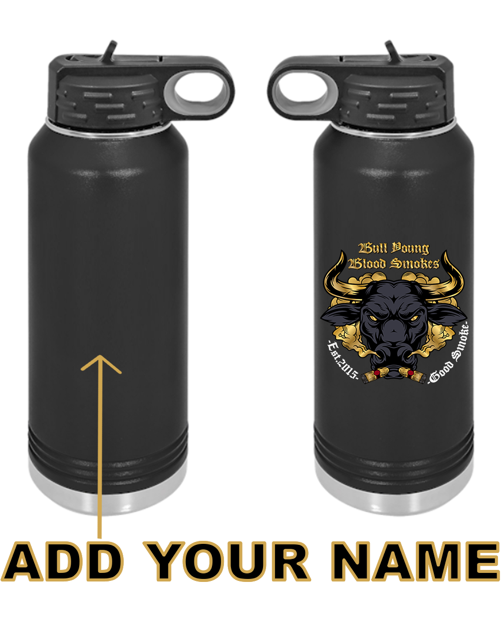 Bull Young 40oz. Stainless Steel Water Bottle - Black with Black logo