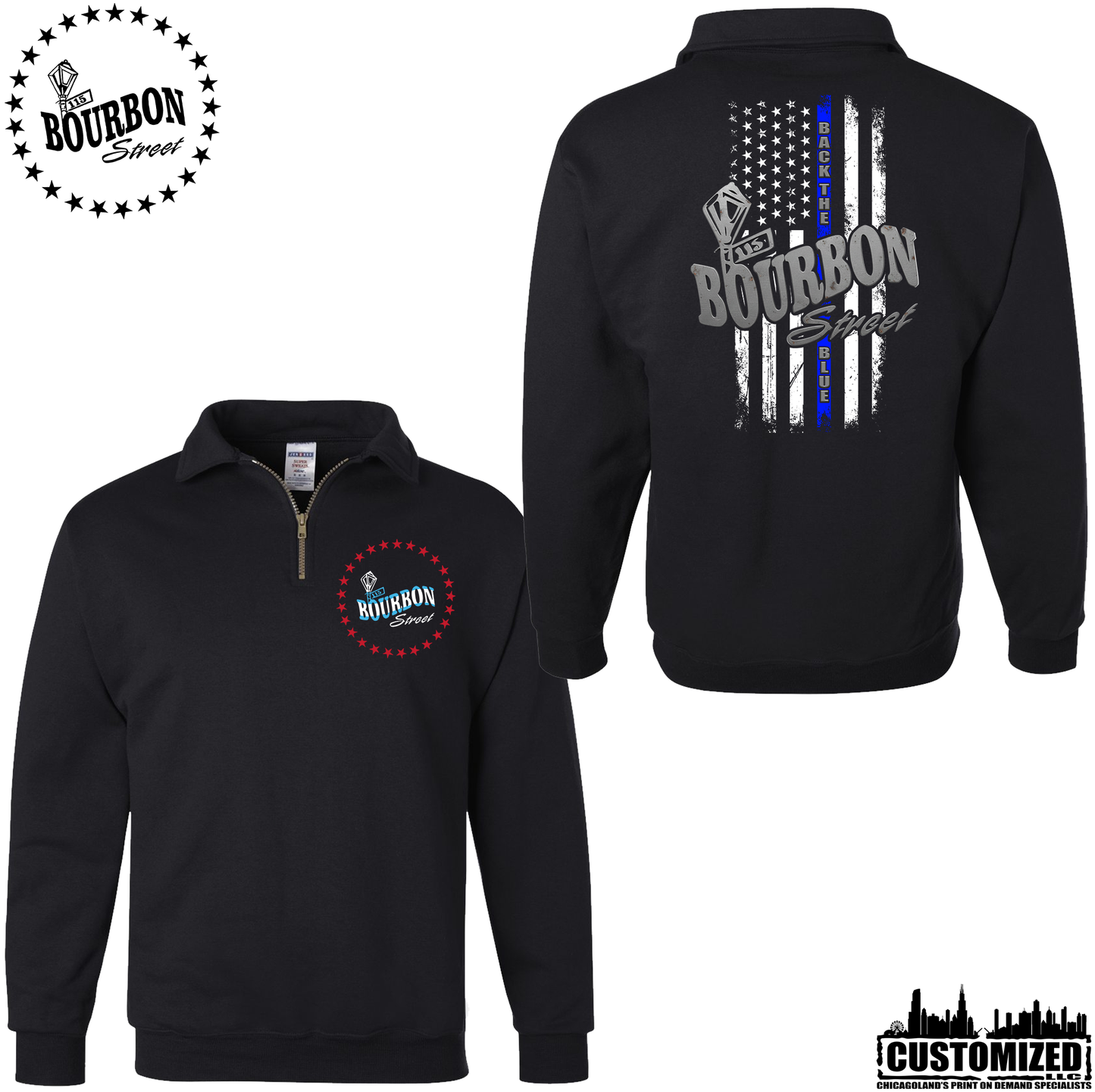 115 Bourbon Street Chicago Edition Thin Blue Line Quarter Zip Sweatshirt - Black