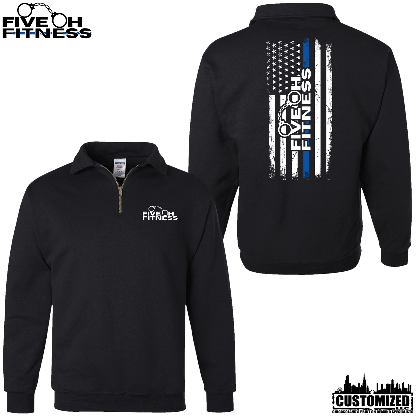 Five Oh Fitness "Thin Blue Line" Quarter-Zip Cadet Collar Sweatshirt - Black