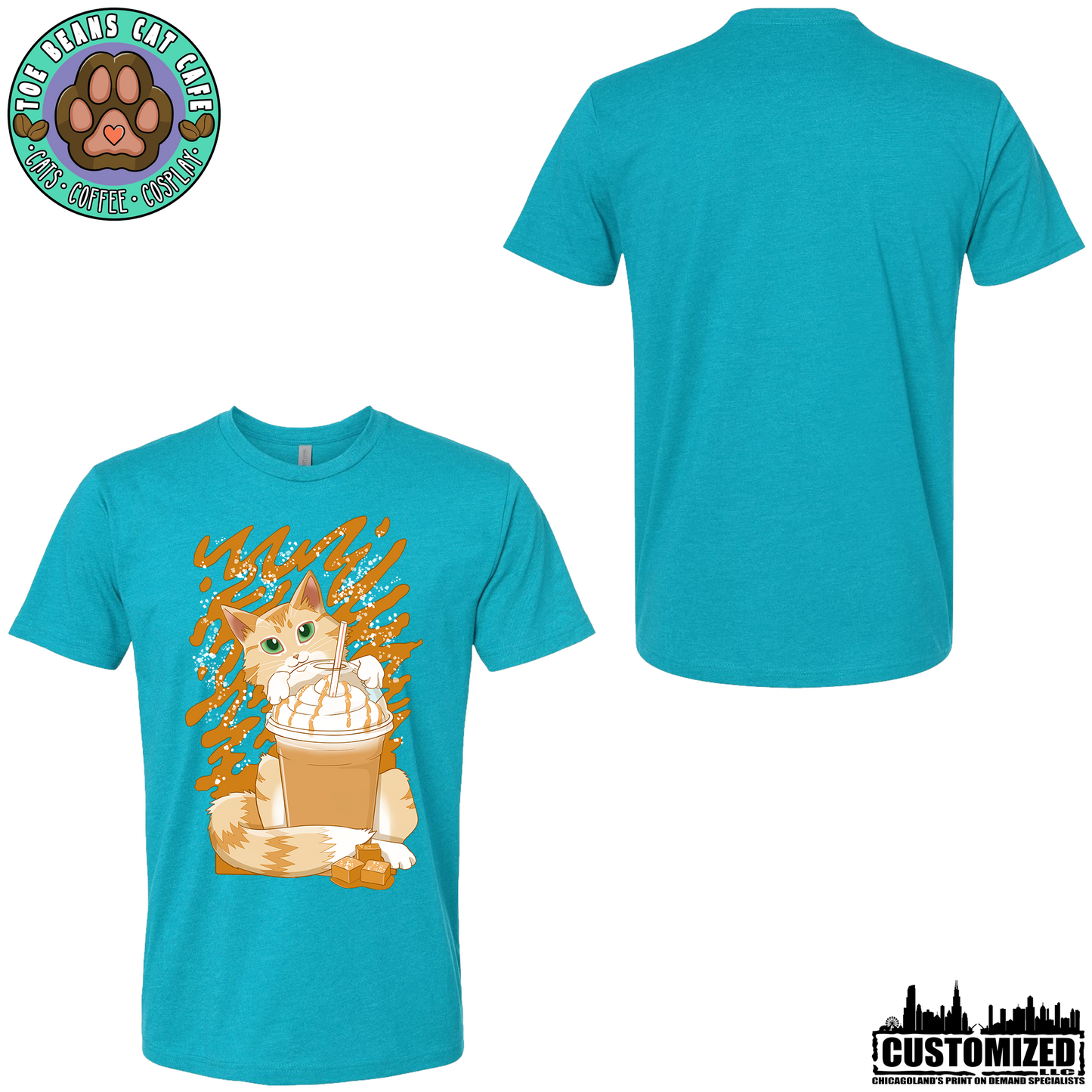 Toe Beans Cat Cafe "Caramel Cat" Short Sleeve - Bondi Blue