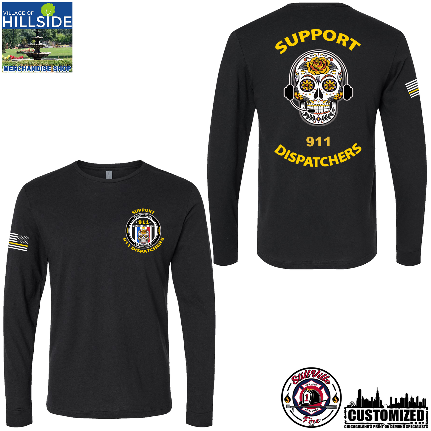 Village of Hillside "Support 911 Dispatchers" Next Level Long sleeve - Black