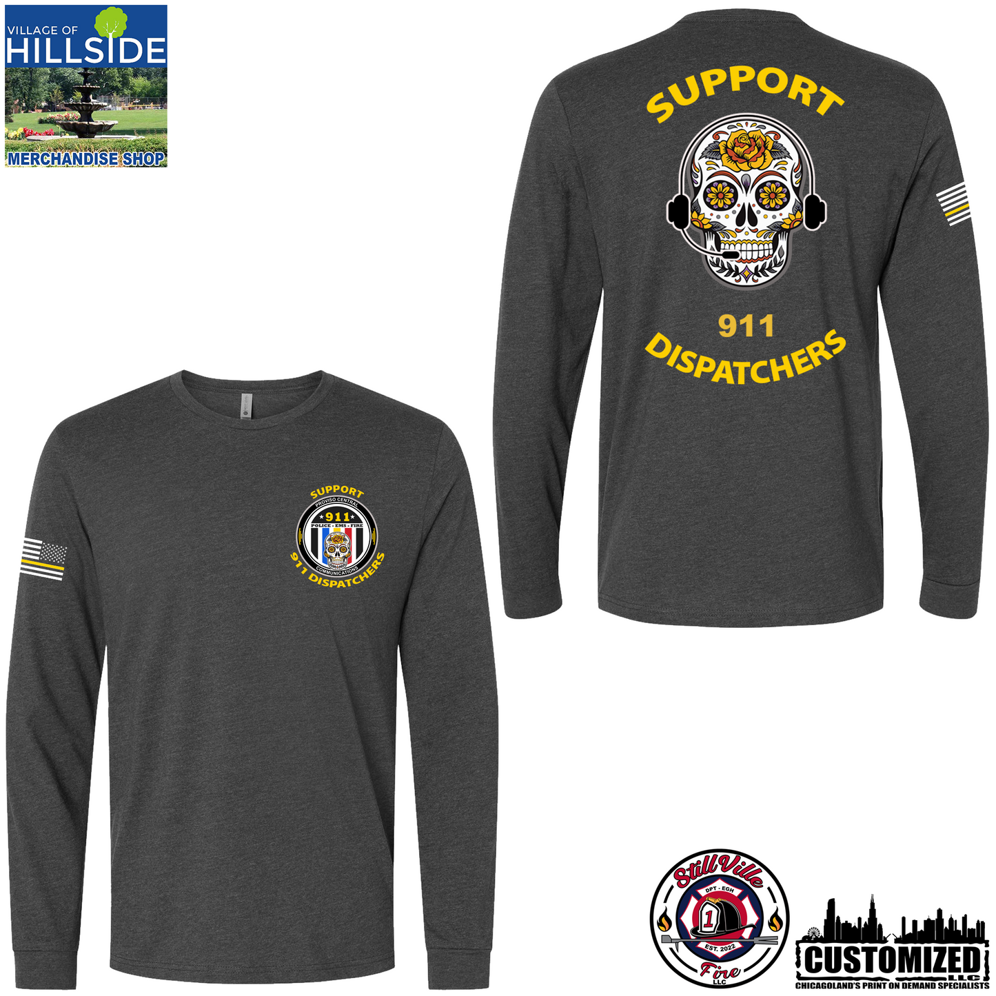Village of Hillside "Support 911 Dispatchers" Next Level Long sleeve - Charcoal