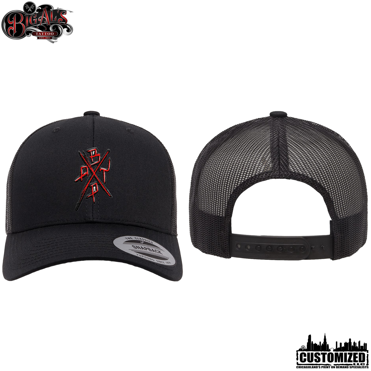 Big Al's Tattoo Embroidered "No Cry Babies" Retro Trucker Hat - Black