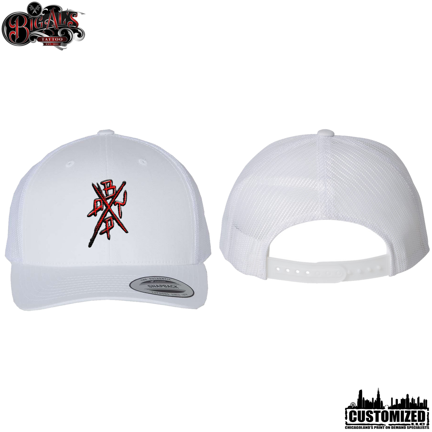 Big Al's Tattoo Embroidered "No Cry Babies" Retro Trucker Hat - White