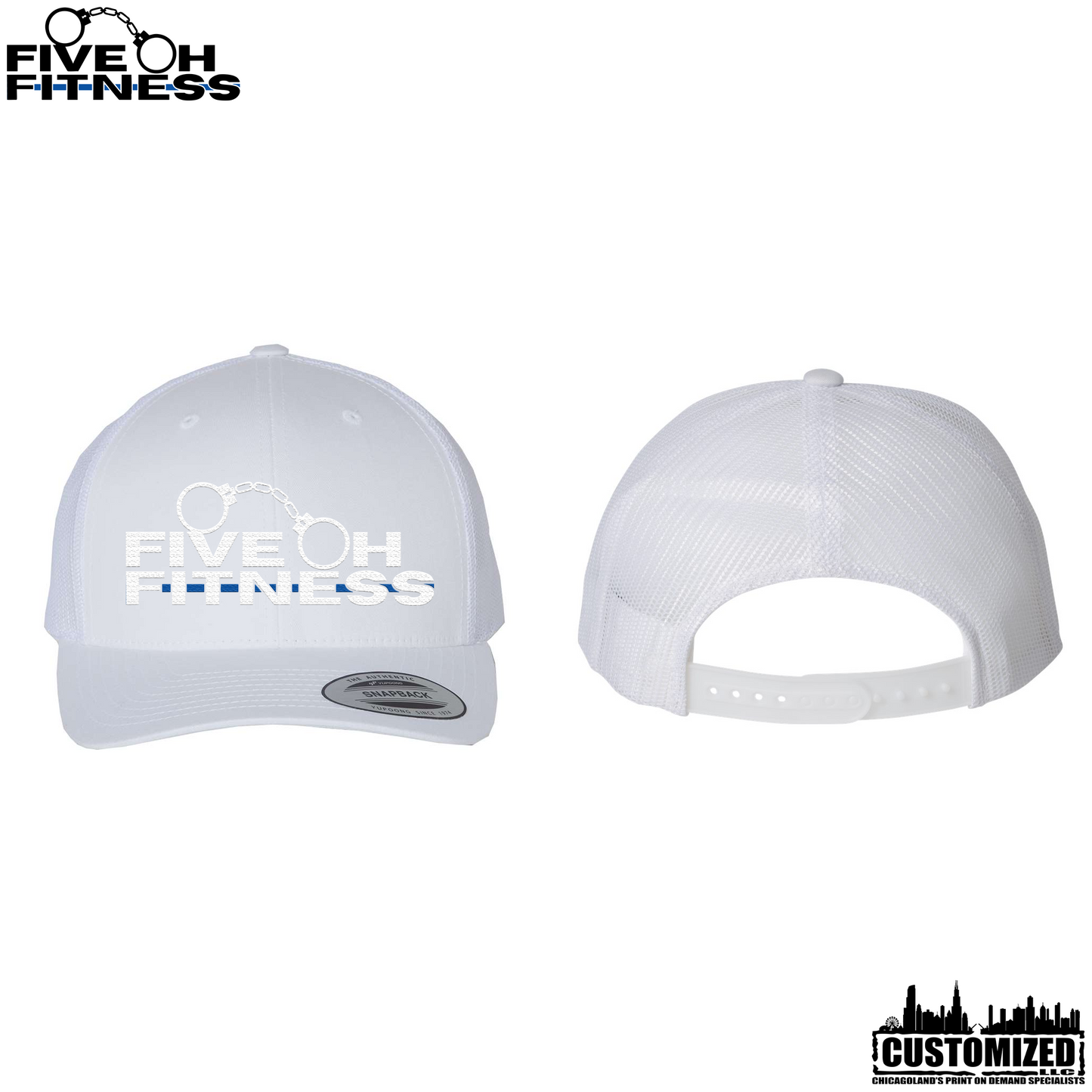Five Oh Fitness Embroidered Retro Trucker Cap - White w/White Logo