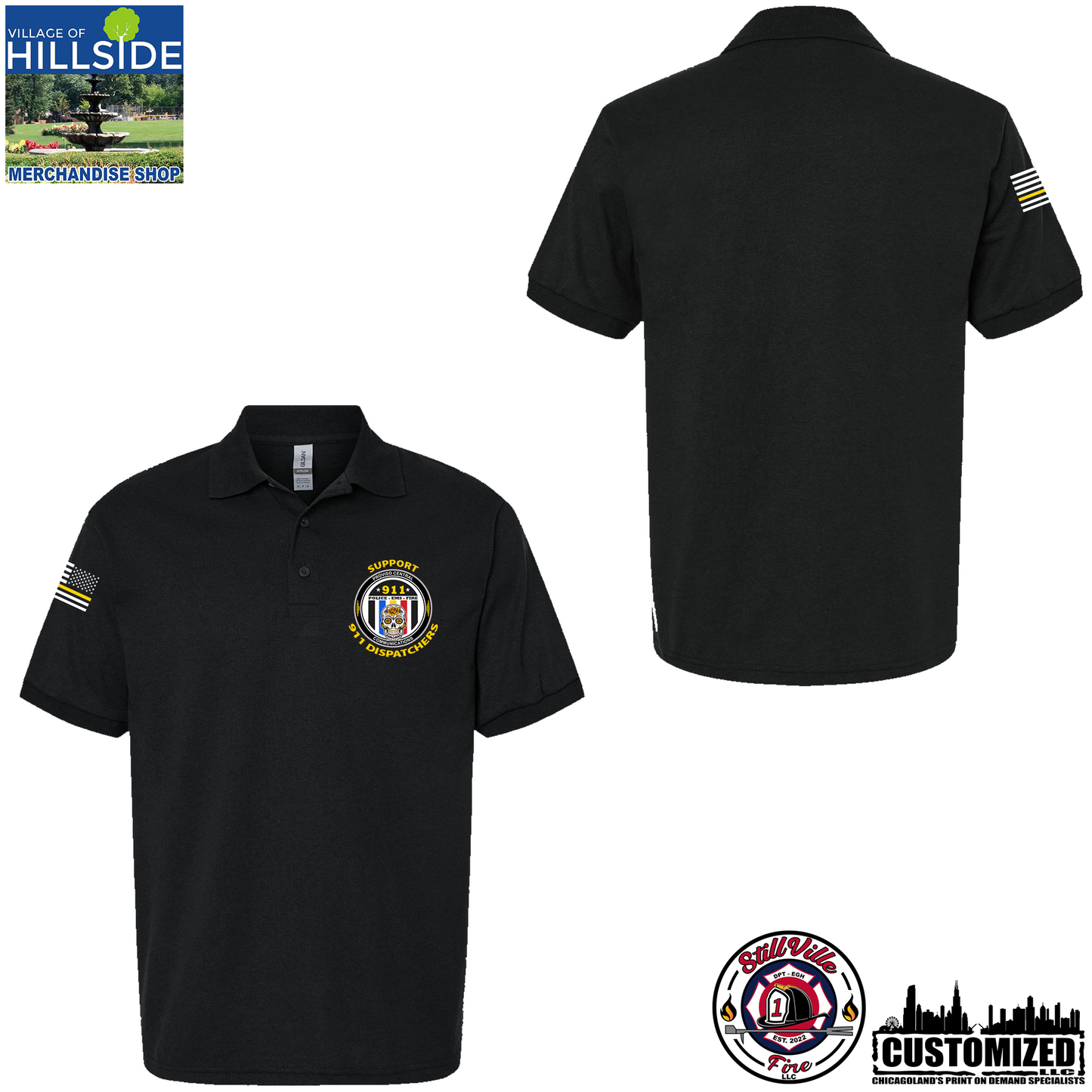 Village of Hillside "Support 911 Dispatchers" Gildan Jersey Polo - Black