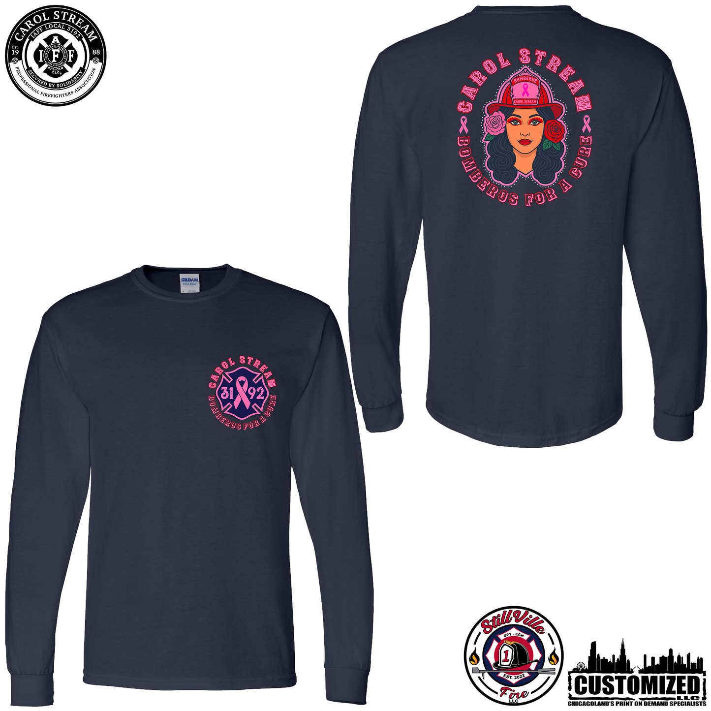 Carol Stream FD "Bomberos for a Cure" Gildan Long Sleeve - Navy