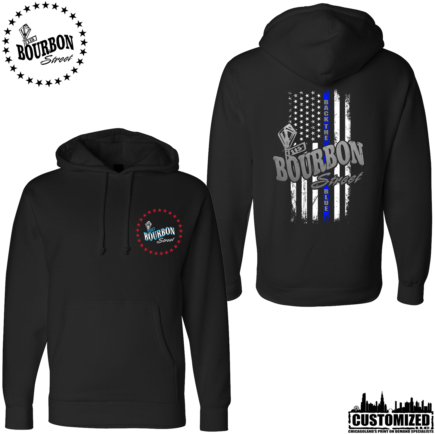 115 Bourbon Street Chicago Edition Thin Blue Line Heavyweight Hoodie - Black
