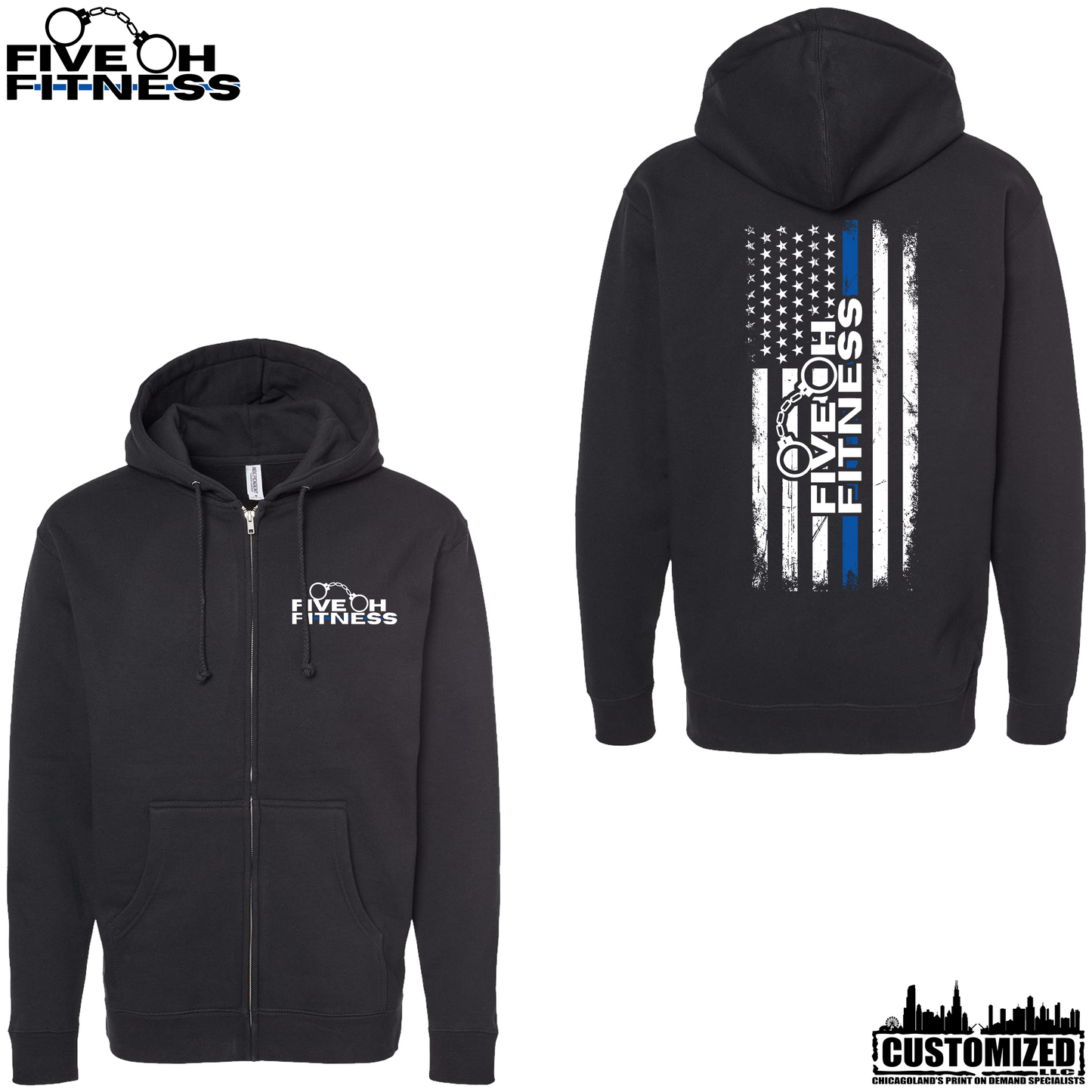 Five Oh Fitness "Thin Blue Line" Heavyweight Full Zip Hoodie - Black