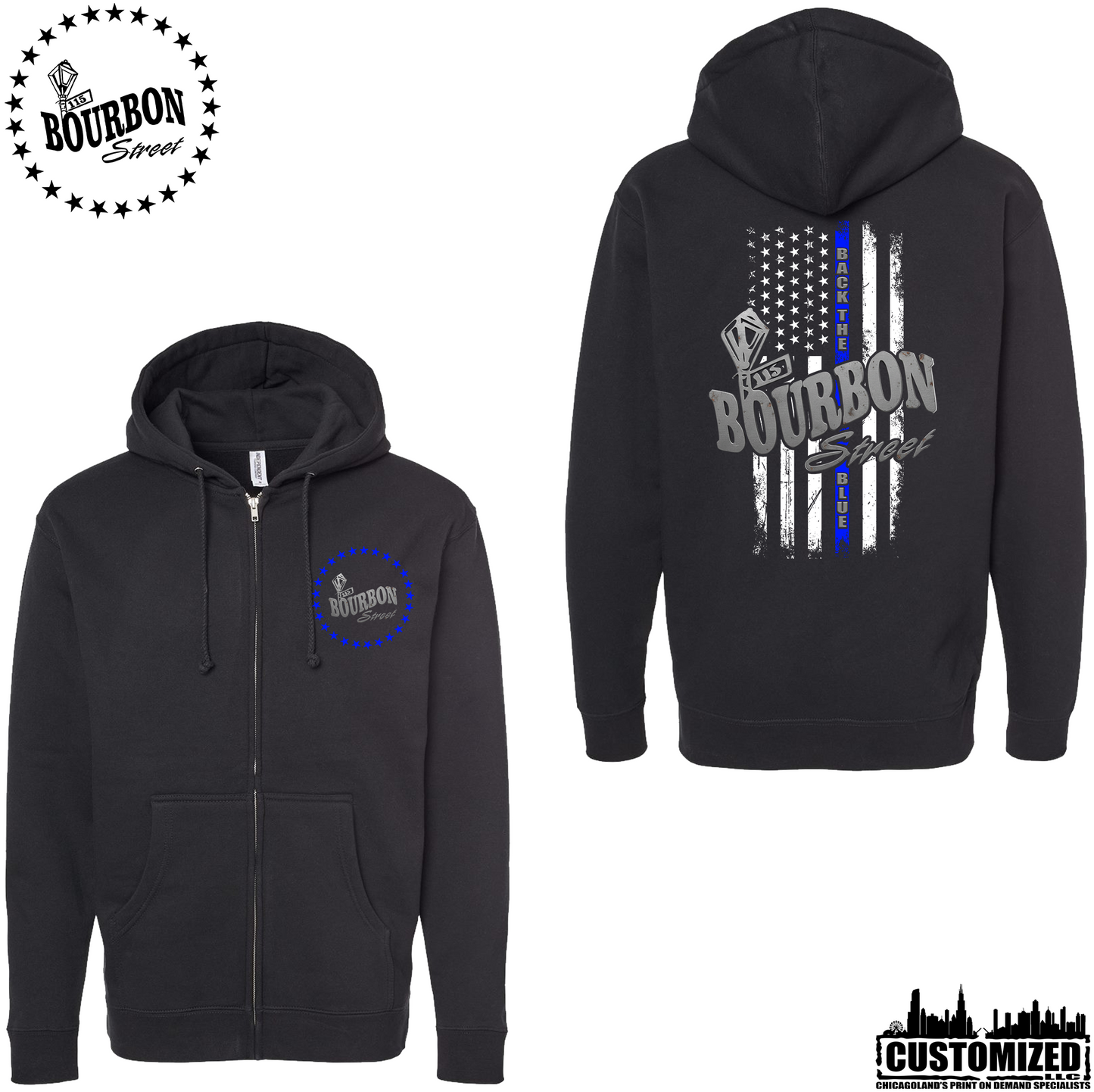 115 Bourbon Street Thin Blue Line Heavyweight Full Zip Hoodie - Black