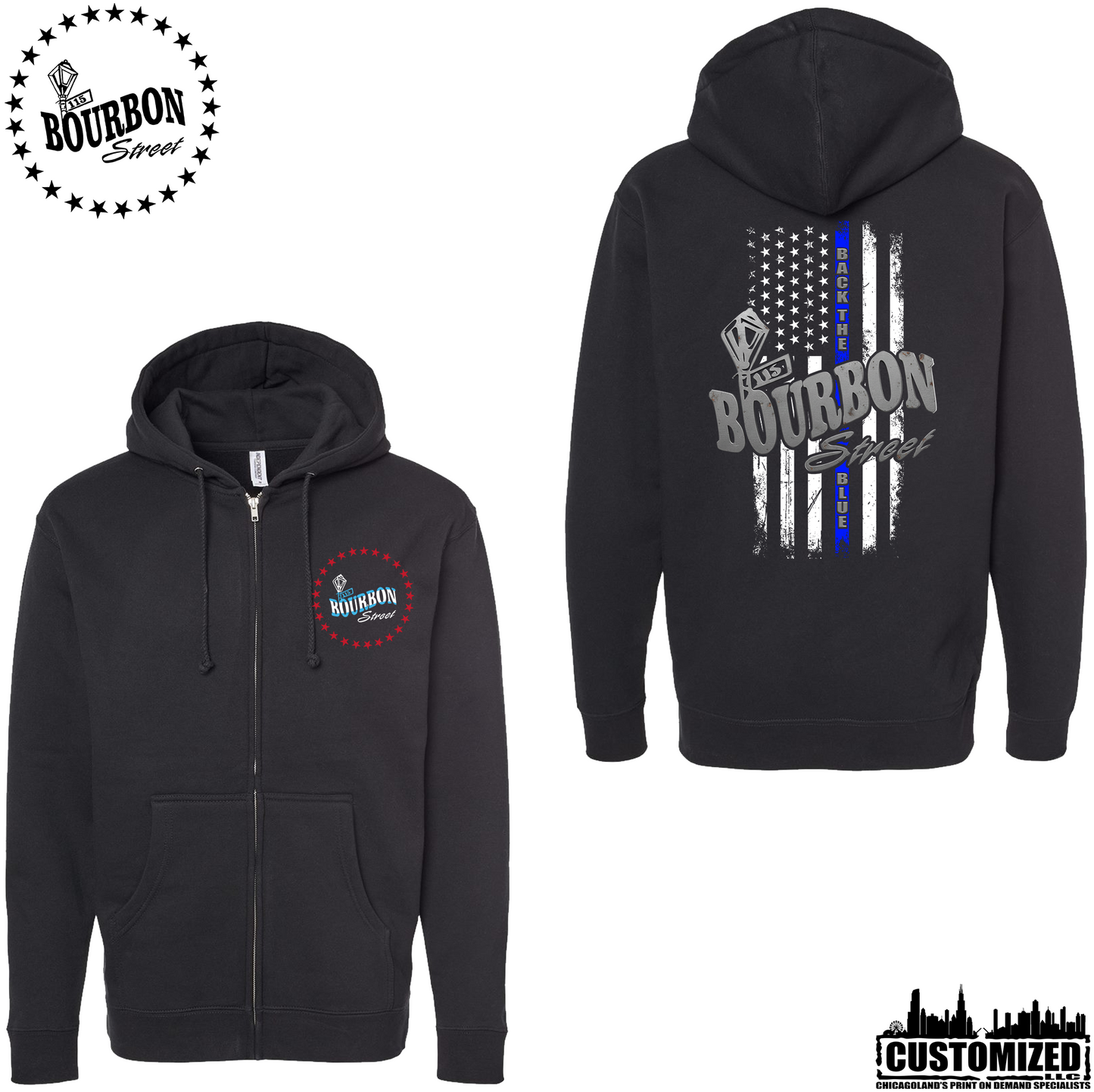 115 Bourbon Street Chicago Edition Thin Blue Line Heavyweight Full Zip Hoodie - Black