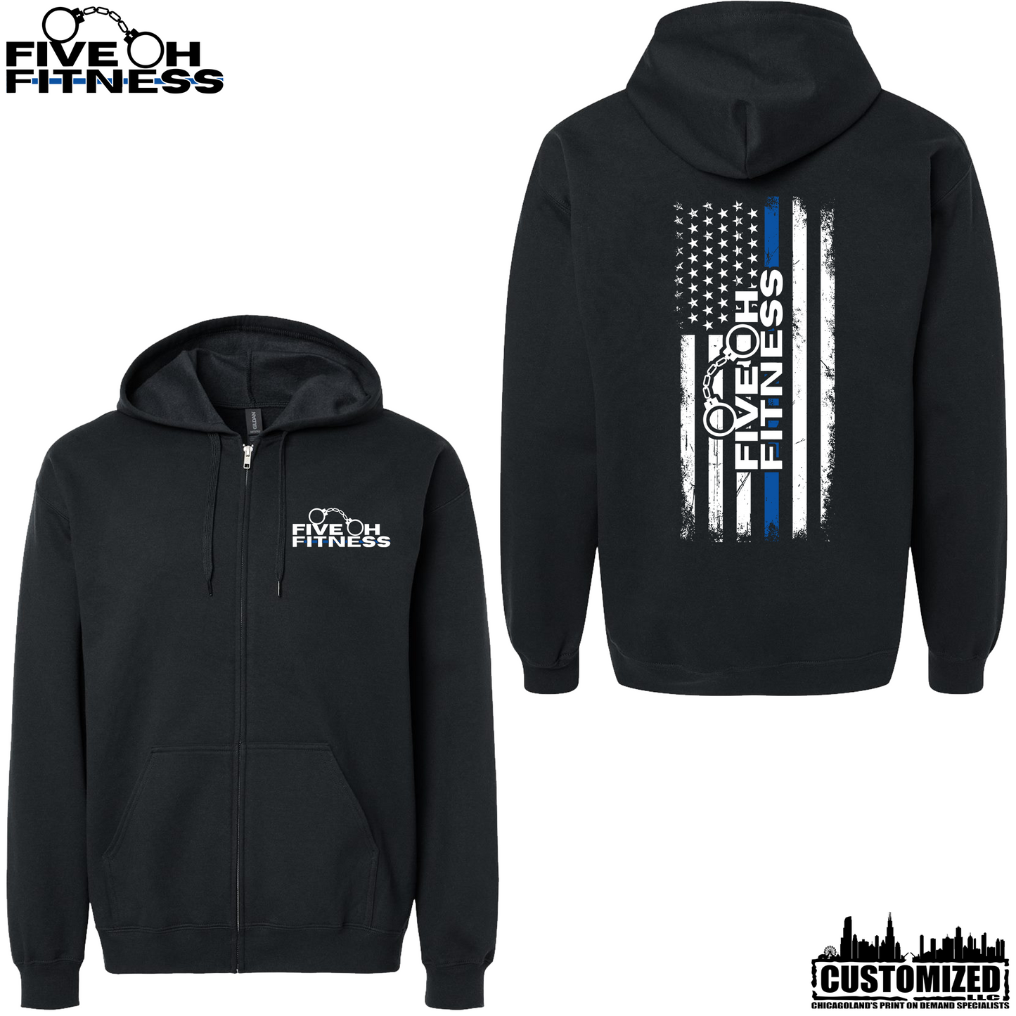 Five Oh Fitness "Thin Blue Line" Midweight Full Zip Hoodie - Black