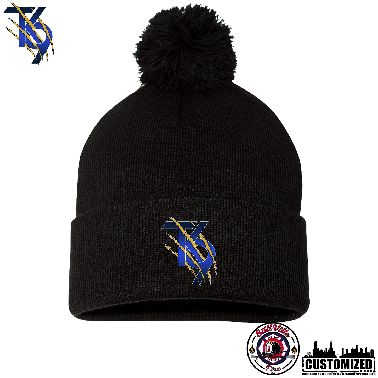 TK9 Embroidered 12" Cuffed Pom-Pom Beanie - Black