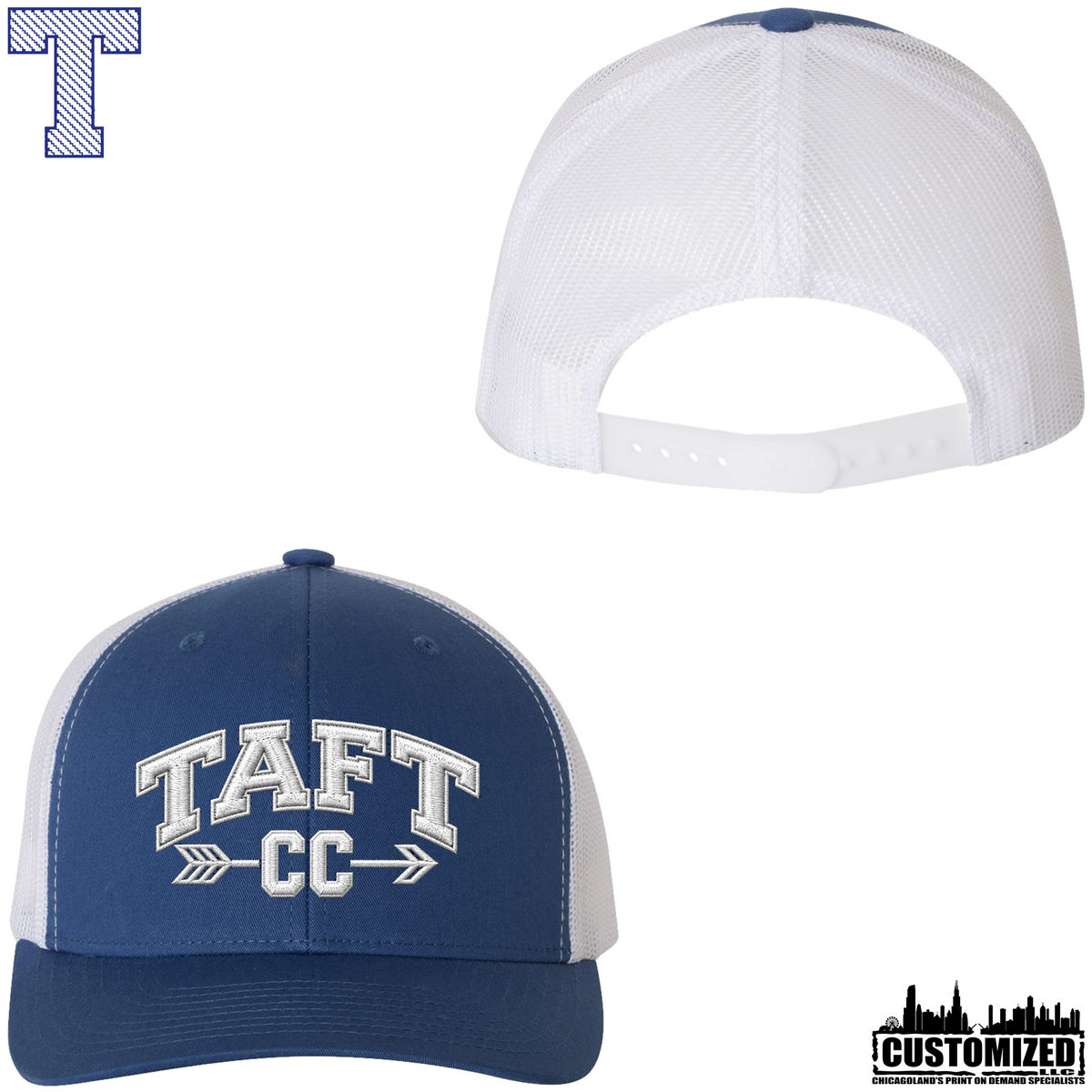 Taft CC Embroidered Trucker Cap "Style1" - Royal/White, front and adjustable mesh back