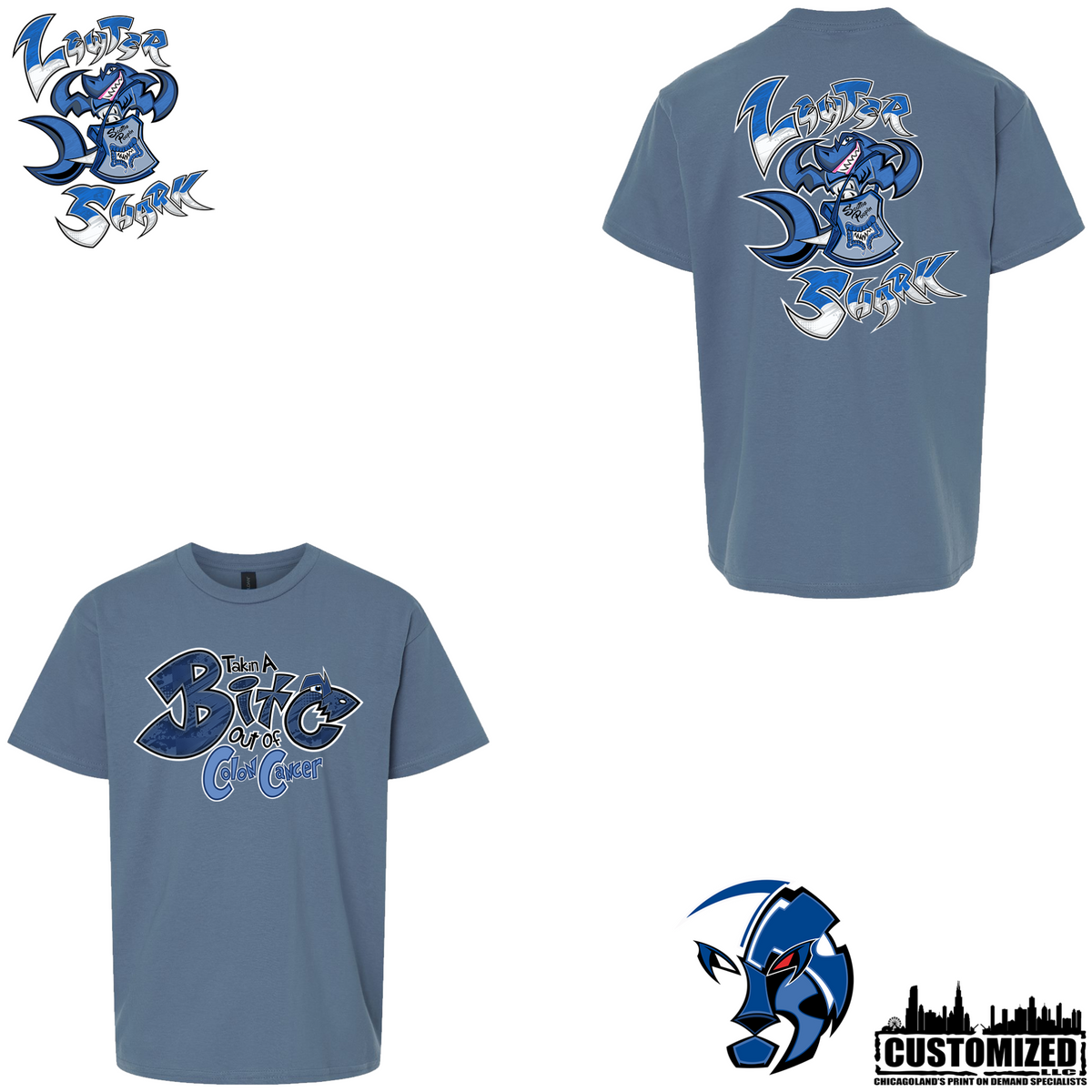 The Lewter Shark YOUTH T-shirt - Indigo Blue, front and back mockup