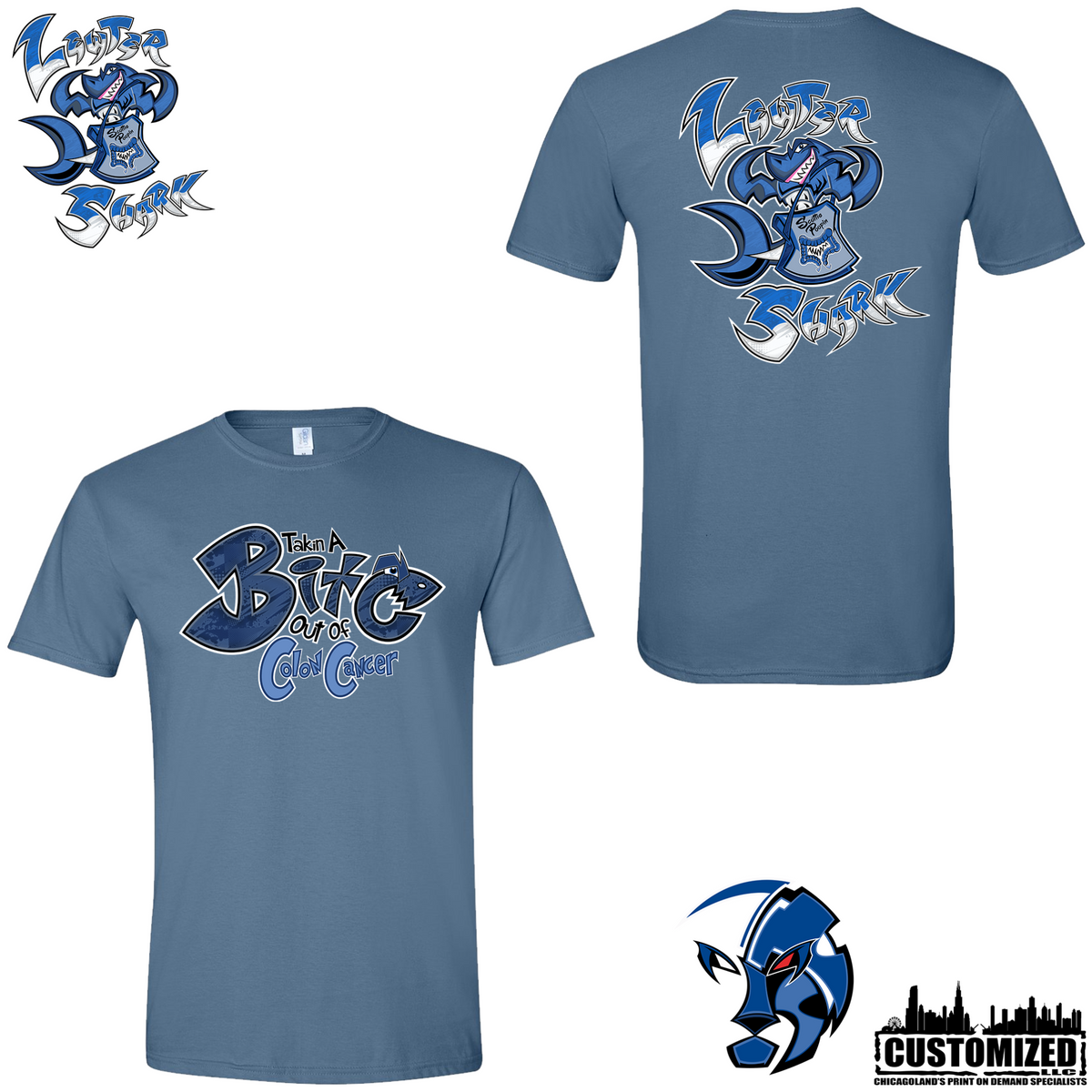 The Lewter Shark T-shirt - Indigo Blue, front and back mockup