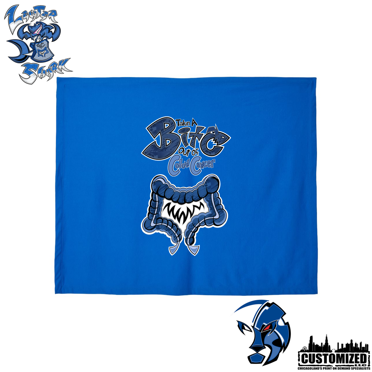 The Lewter Shark Take a Bite Out of Colon Cancer design Stadium Blanket in Royal Blue