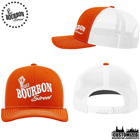 115 Bourbon Street Employee - Embroidered Retro Trucker Hat - Orange/White