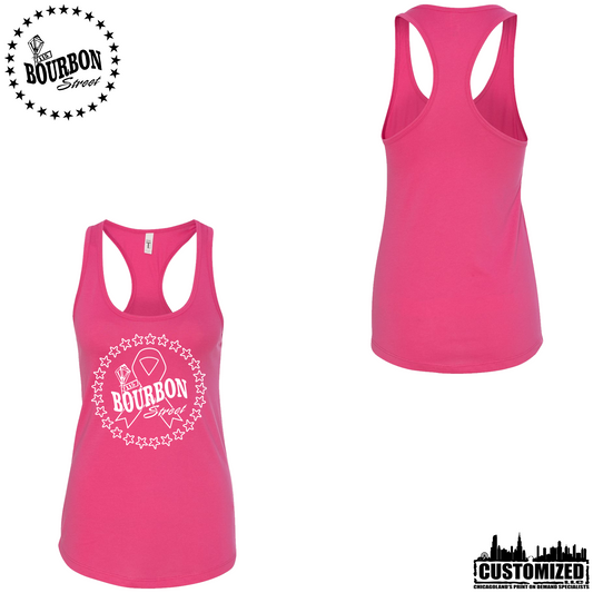 115 Bourbon Street Fighting For A Cure Women's Racerback Tank - Raspberry, front and back