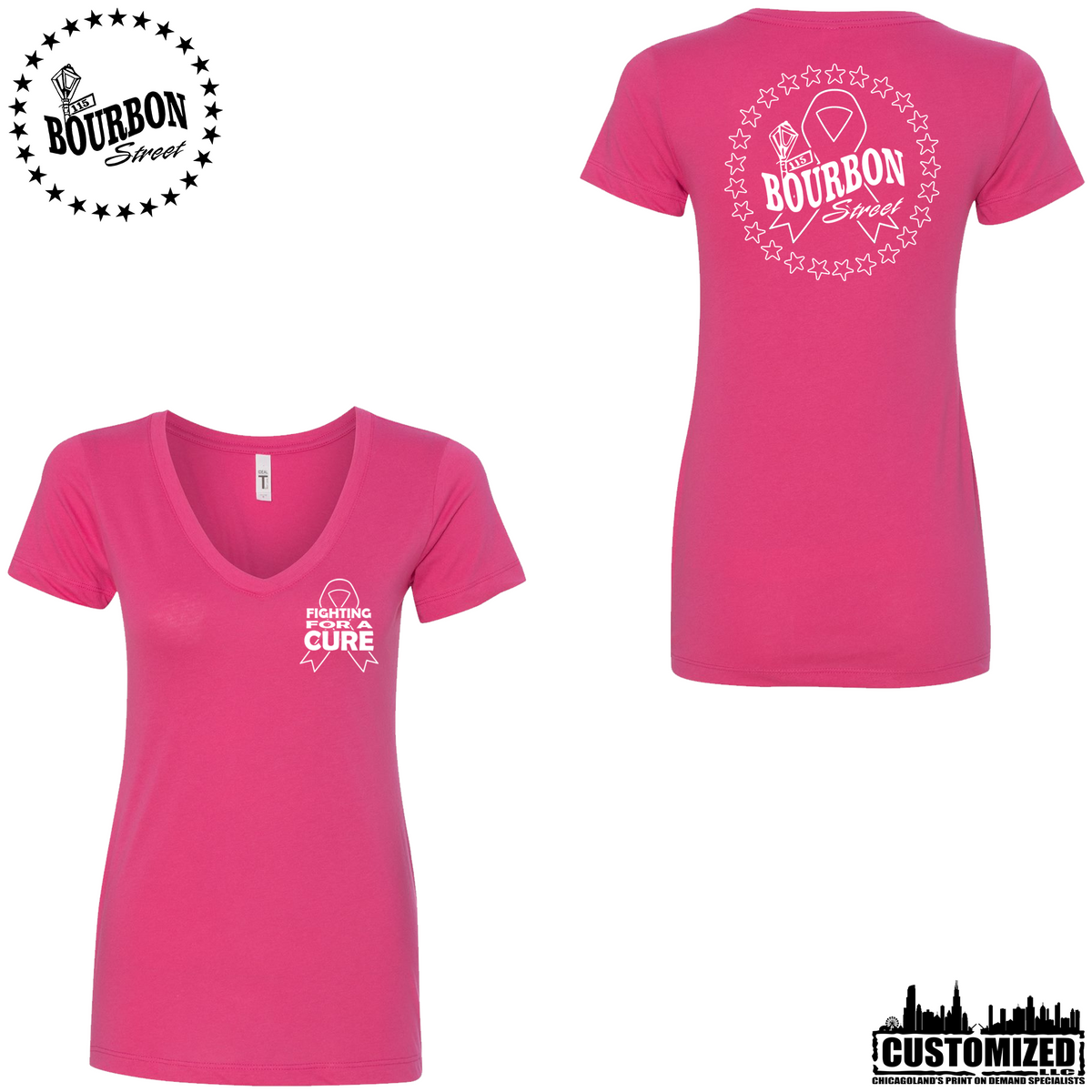 115 Bourbon Street Fighting For A Cure Women's V-Neck - Raspberry, front and back