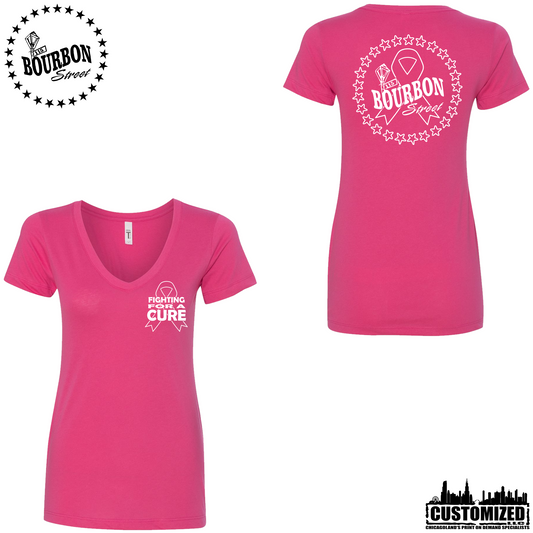 115 Bourbon Street Fighting For A Cure Women's V-Neck - Raspberry, front and back