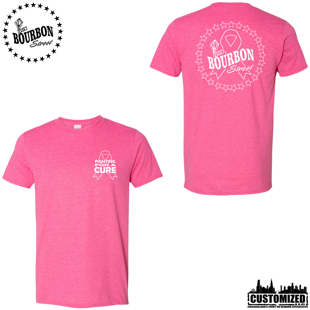 115 Bourbon Street Fighting For A Cure Short Sleeve - Heather Heliconia, front and back