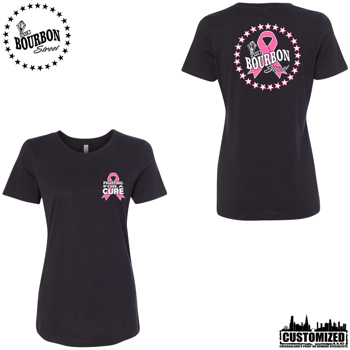 115 Bourbon Street Fighting For A Cure Women's Short Sleeve - Black, front and back