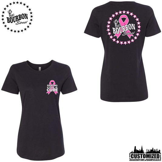 115 Bourbon Street Fighting For A Cure Women's Short Sleeve - Black, front and back