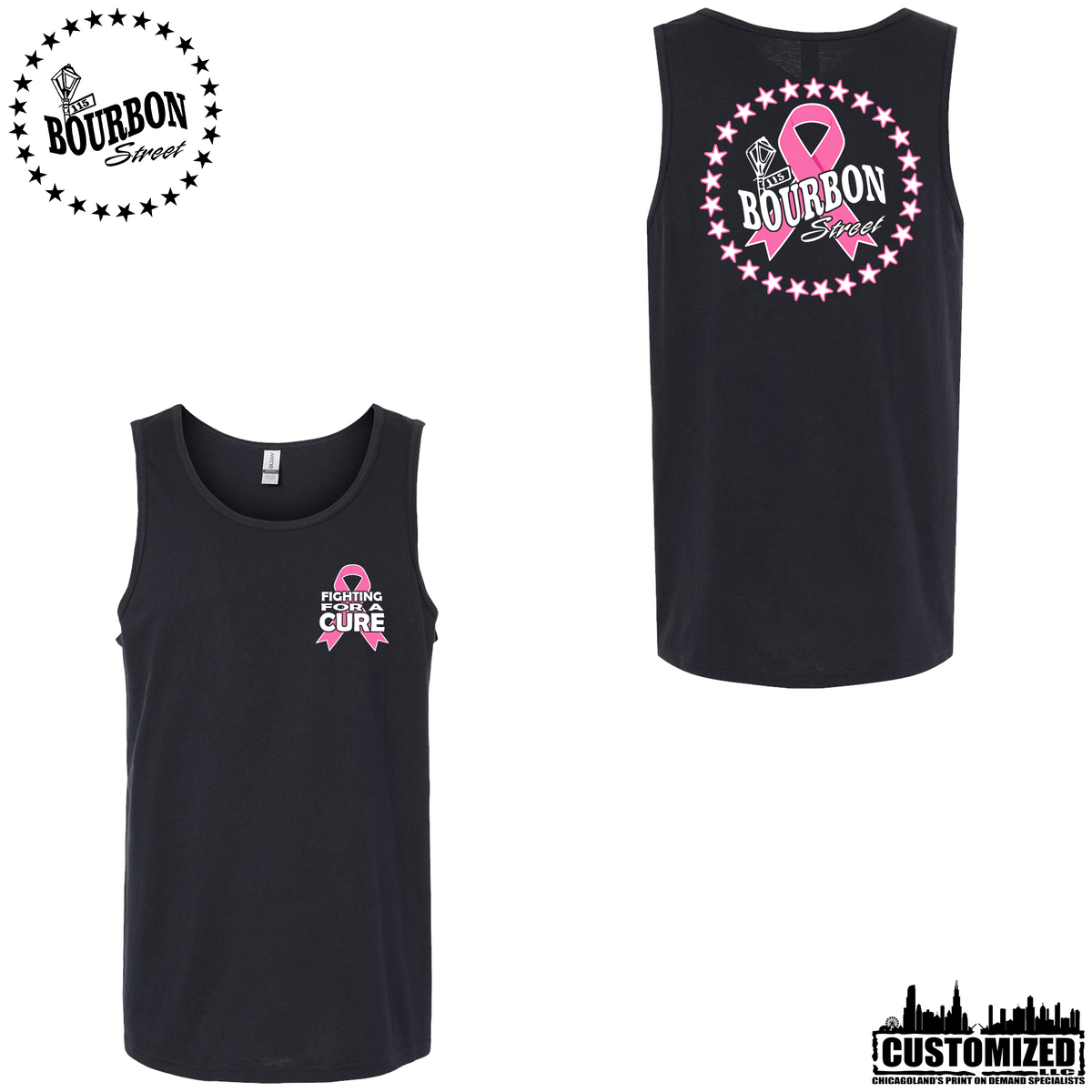 115 Bourbon Street Fighting For A Cure Unisex Tank - Black, front and back