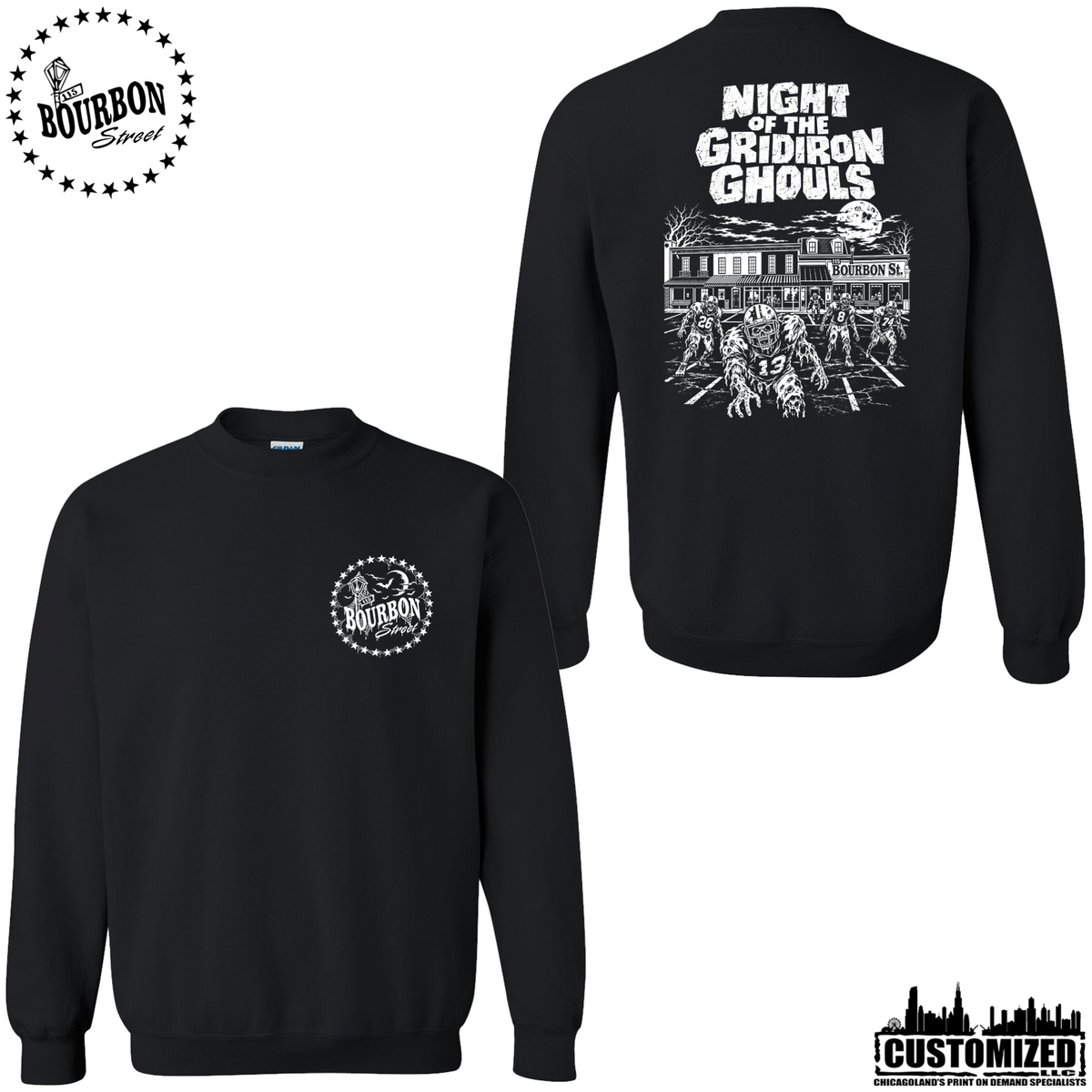 115 Bourbon Street Night of the Gridiron Ghouls unisex crewneck sweatshirt in black, front and back