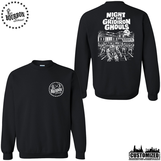115 Bourbon Street Night of the Gridiron Ghouls unisex crewneck sweatshirt in black, front and back