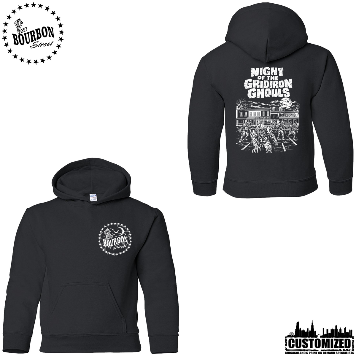 115 Bourbon Street Night of the Gridiron Ghouls youth pullover hoodie in black, front and back