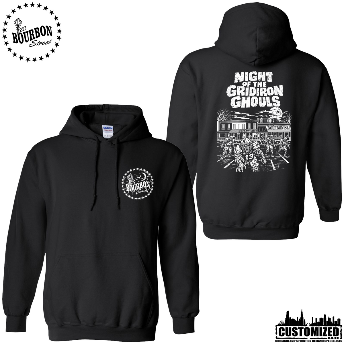 115 Bourbon Street Night of the Gridiron Ghouls unisex pullover hoodie in black, front and back