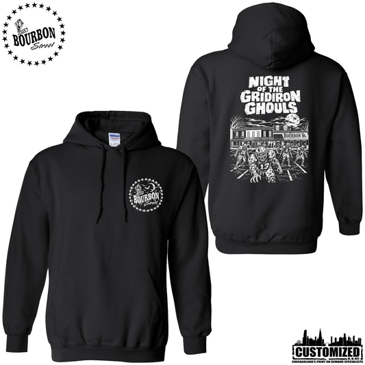 115 Bourbon Street Night of the Gridiron Ghouls unisex pullover hoodie in black, front and back