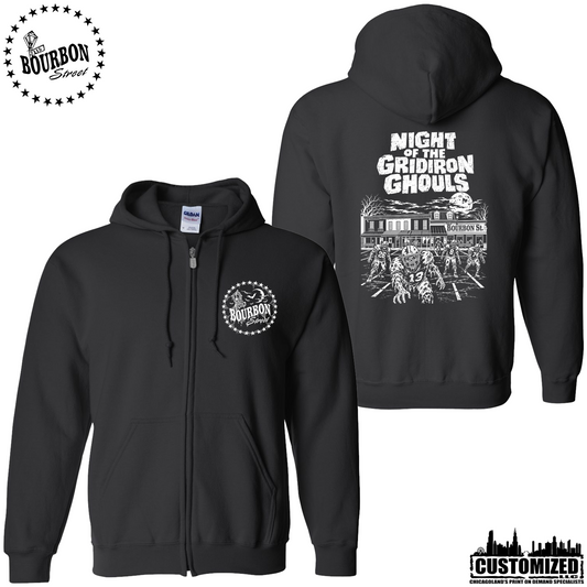 115 Bourbon Street Night of the Gridiron Ghouls unisex full zip hoodie in black, front and back