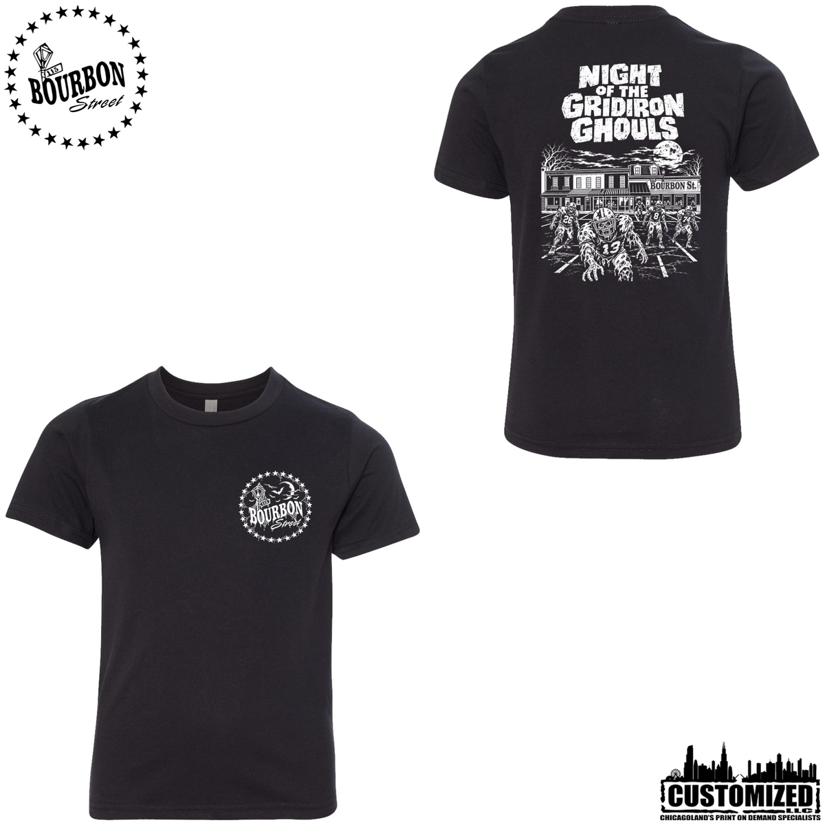 115 Bourbon Street Night of the Gridiron Ghouls youth short sleeve in black, front and back