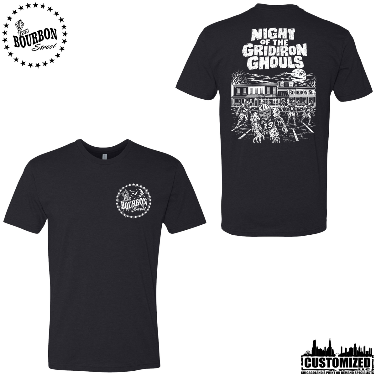 115 Bourbon Street Night of the Gridiron Ghouls unisex short sleeve in black, front and back