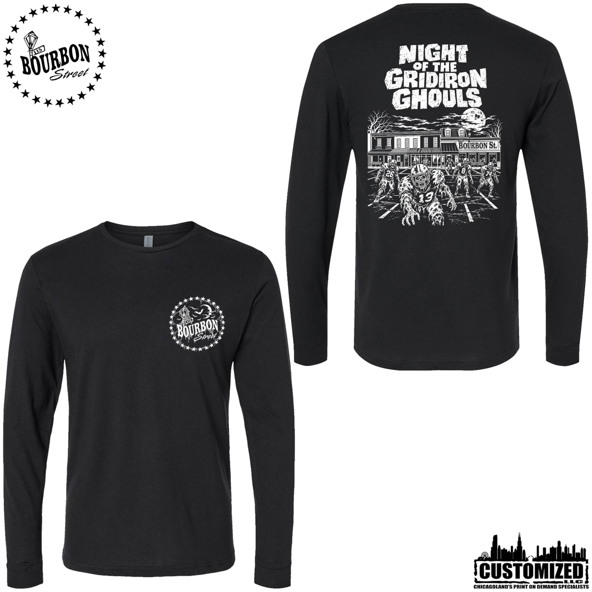 115 Bourbon Street Night of the Gridiron Ghouls unisex long sleeve in black, front and back