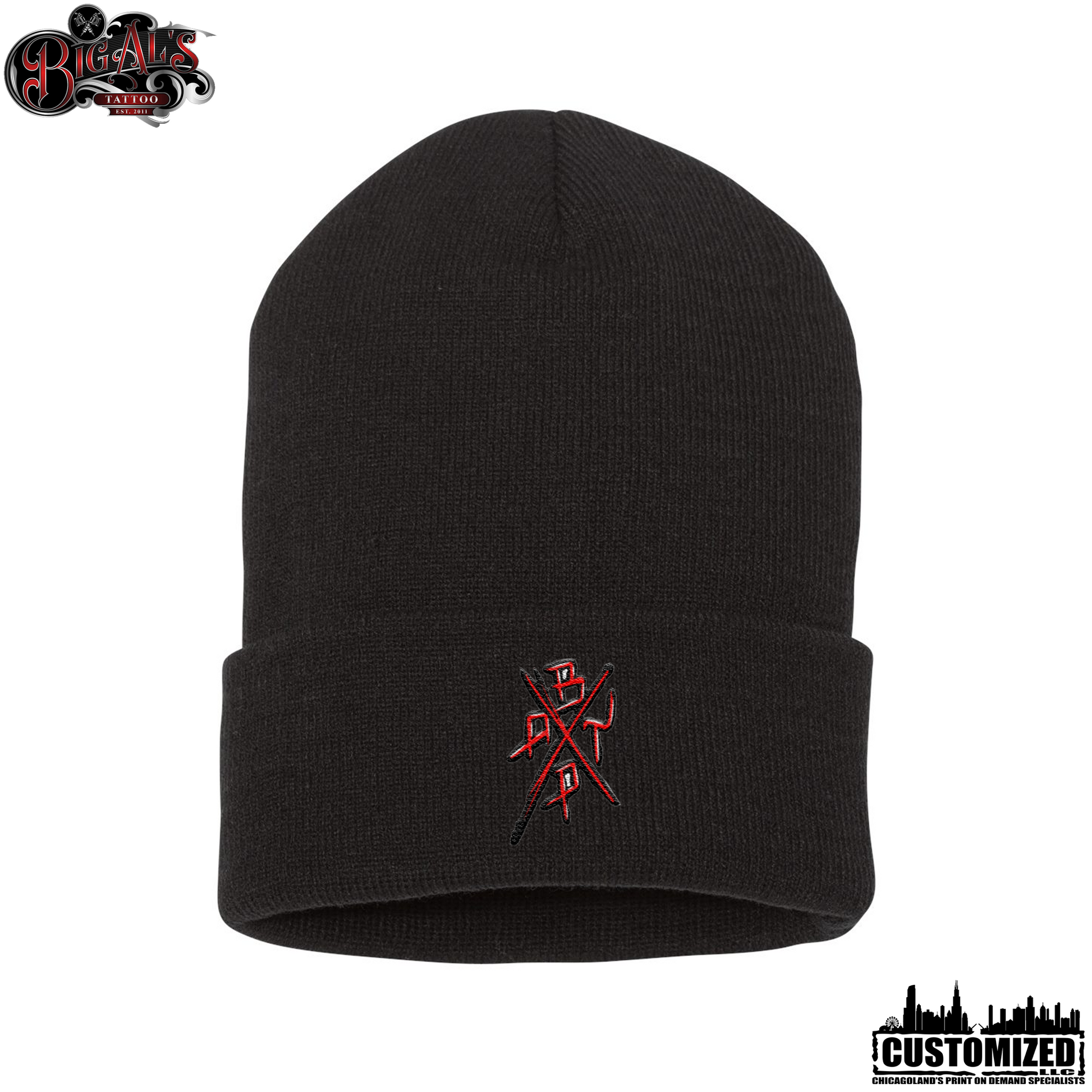 Big Al's Tattoo Embroidered 12" Cuffed "No Cry Babies" Beanie - Black