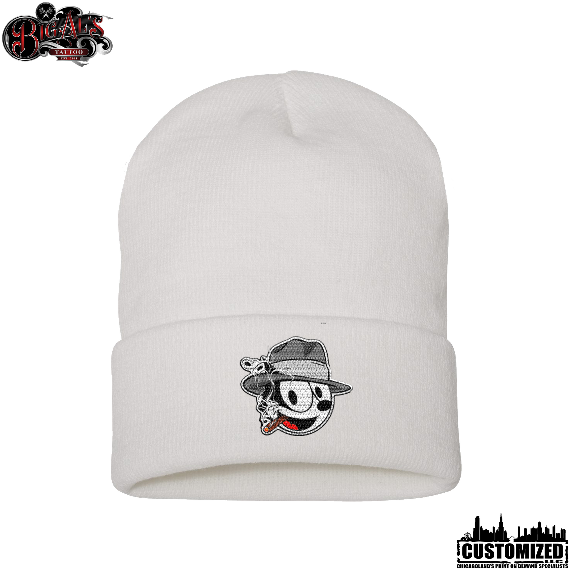 Big Al's Tattoo Embroidered 12" Cuffed "Neek" Beanie - White