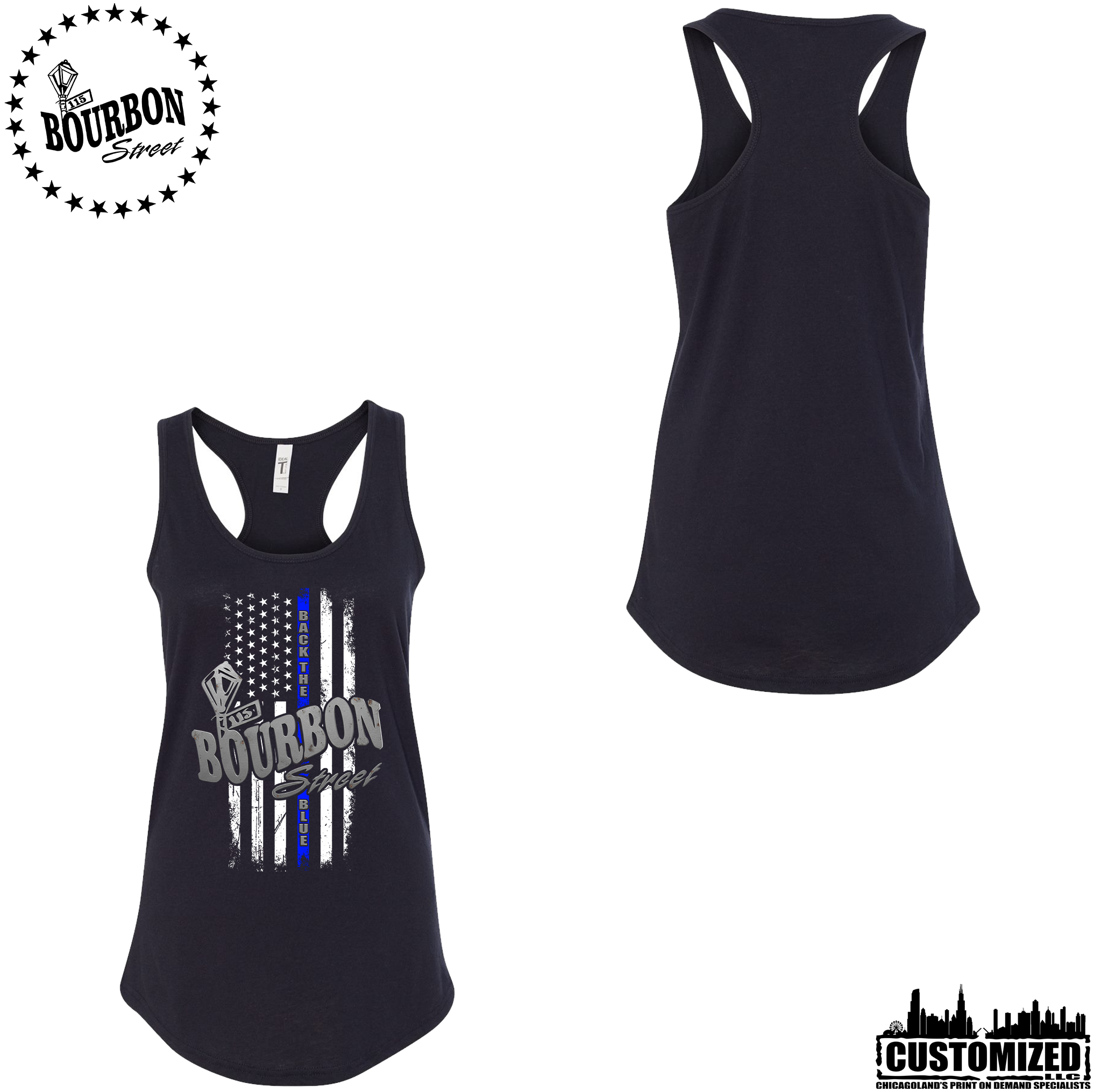 115 Bourbon Street Thin Blue Line Women's Racerback Tank - Black