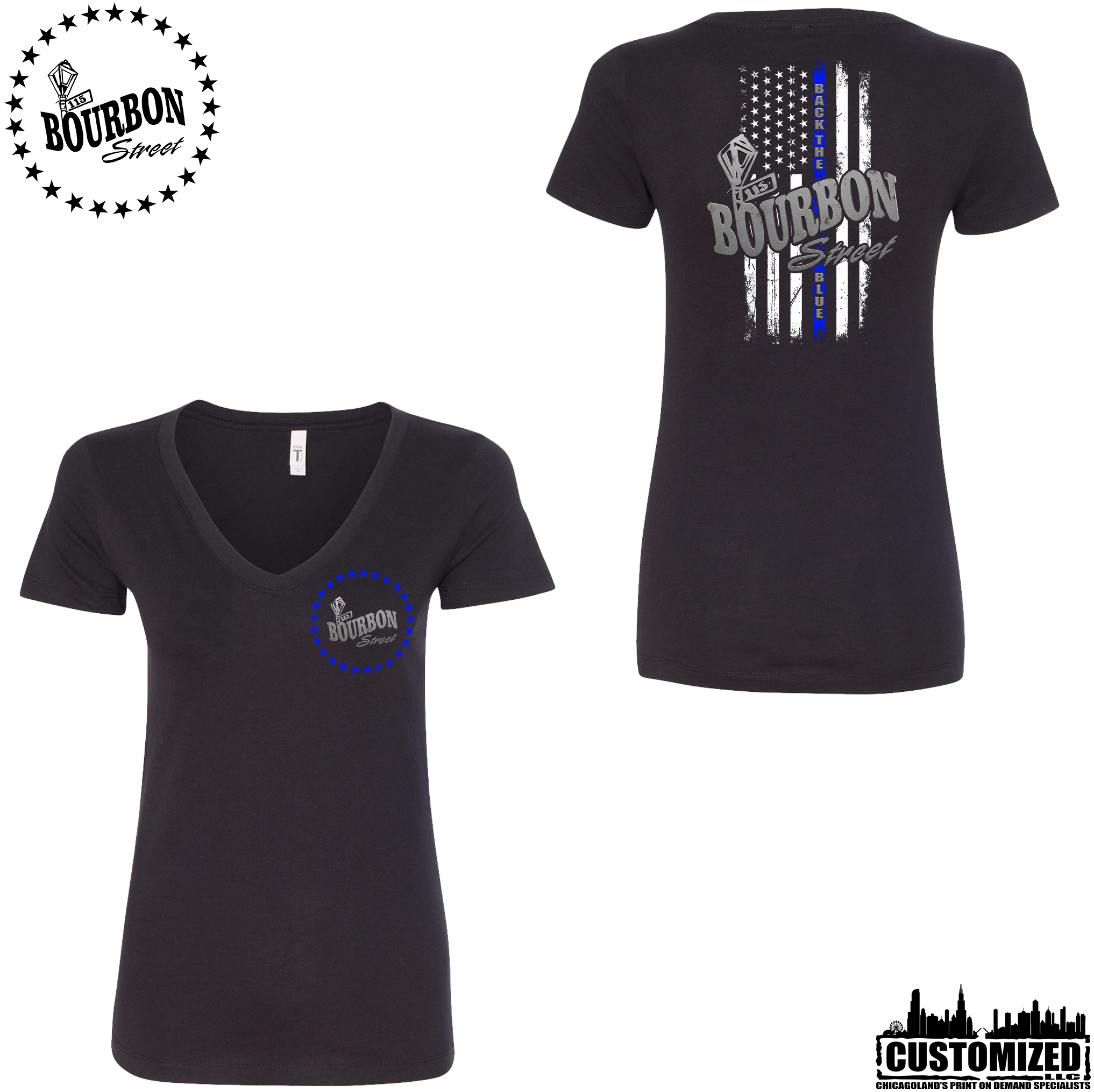 115 Bourbon Street Thin Blue Line Women's V-Neck - Black